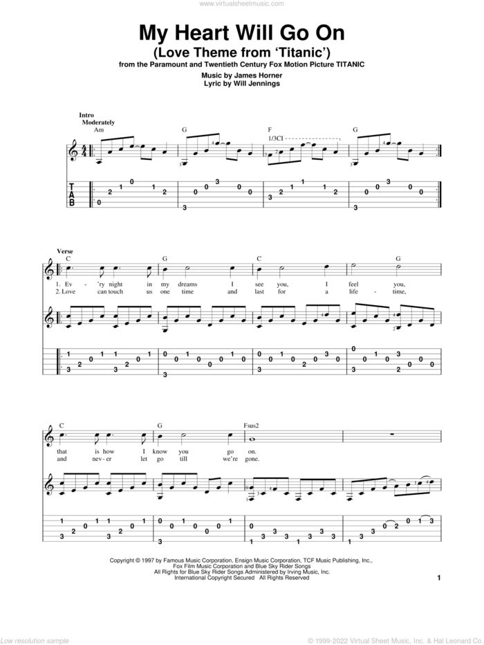 My Heart Will Go On (Love Theme from Titanic) sheet music for guitar solo by Celine Dion, James Horner and Will Jennings, wedding score, intermediate skill level