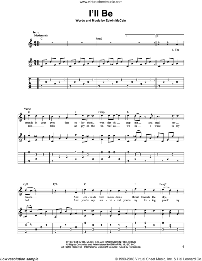I'll Be sheet music for guitar solo by Edwin McCain, intermediate skill level