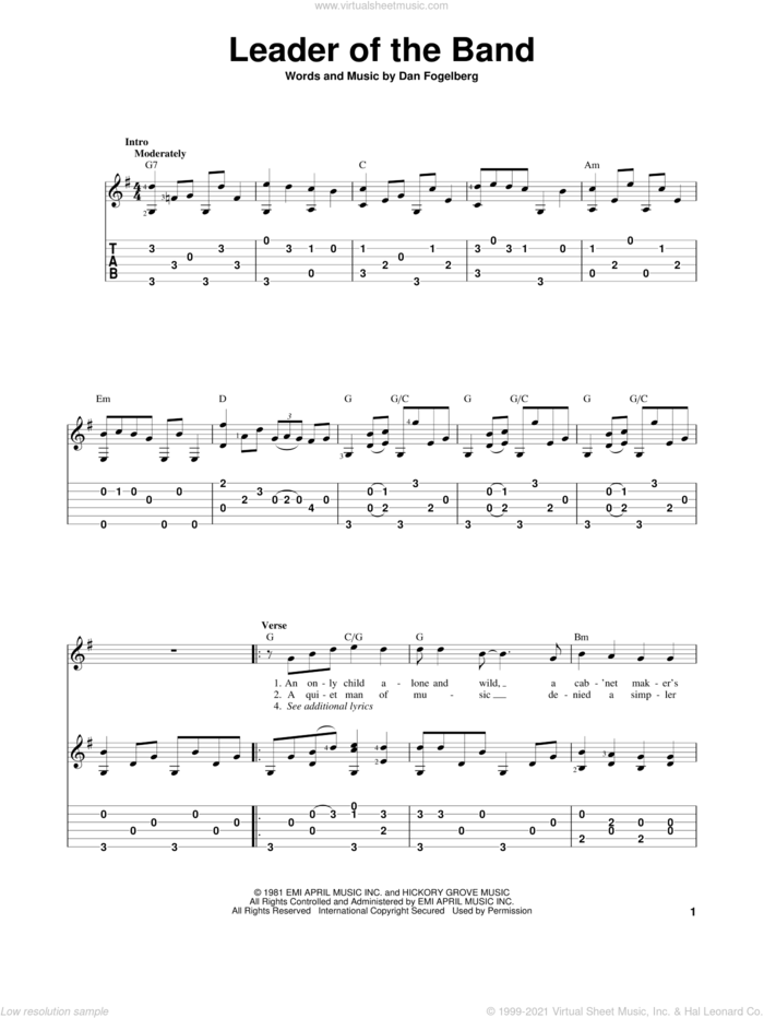 Leader Of The Band sheet music for guitar solo by Dan Fogelberg, intermediate skill level