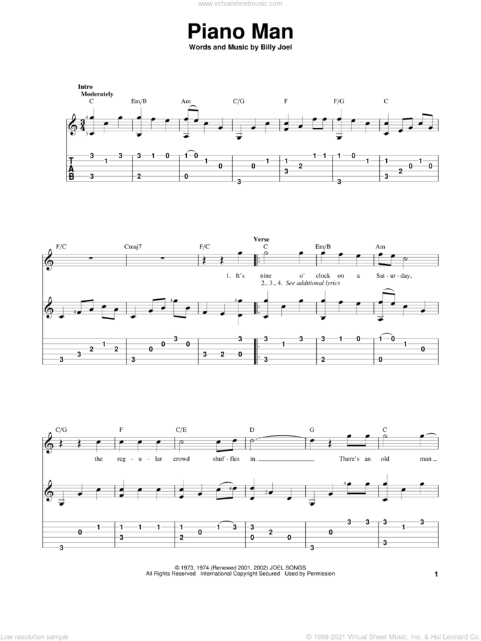 Piano Man sheet music for guitar solo by Billy Joel, intermediate skill level