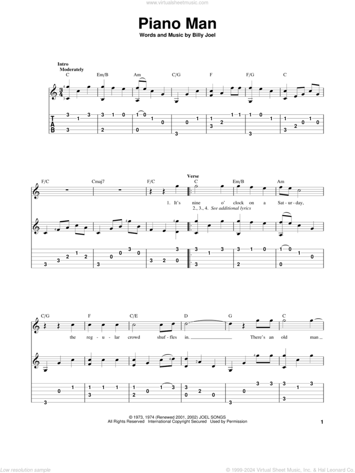 Piano Man sheet music for guitar solo by Billy Joel, intermediate skill level