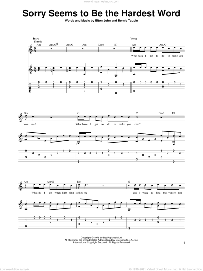 Sorry Seems To Be The Hardest Word sheet music for guitar solo by Elton John and Bernie Taupin, intermediate skill level