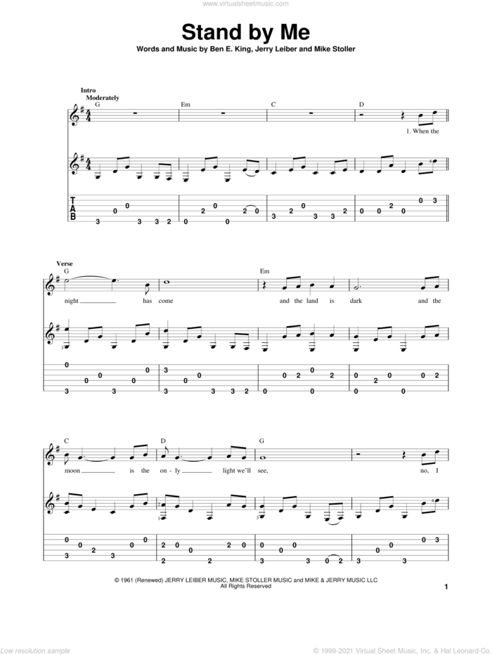 Stand By Me, (intermediate) sheet music for guitar solo by Ben E. King, Jerry Leiber and Mike Stoller, intermediate skill level