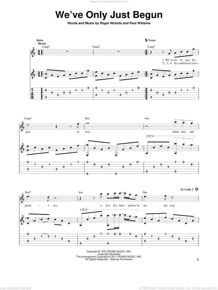 We've Only Just Begun sheet music for guitar solo by Carpenters, Paul Williams and Roger Nichols, wedding score, intermediate skill level