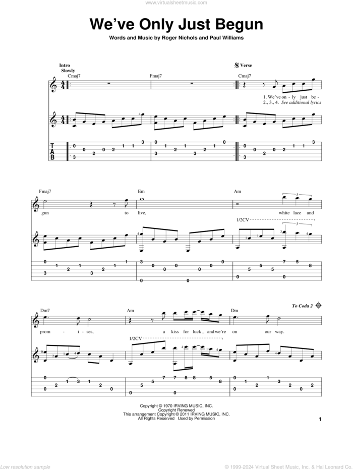 We've Only Just Begun sheet music for guitar solo by Carpenters, Paul Williams and Roger Nichols, wedding score, intermediate skill level