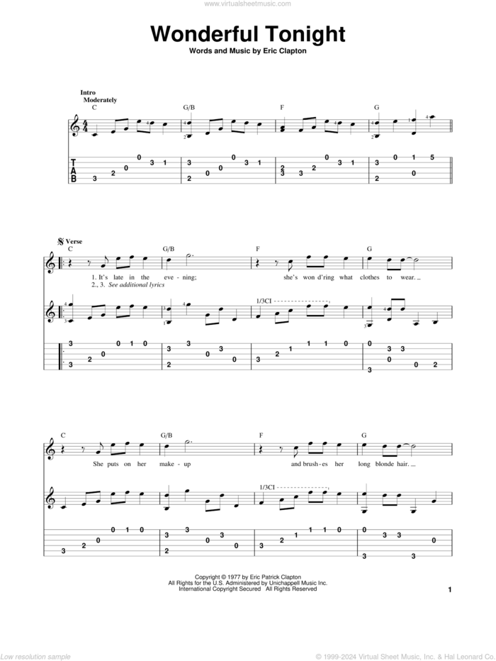 Wonderful Tonight sheet music for guitar solo by Eric Clapton, wedding score, intermediate skill level