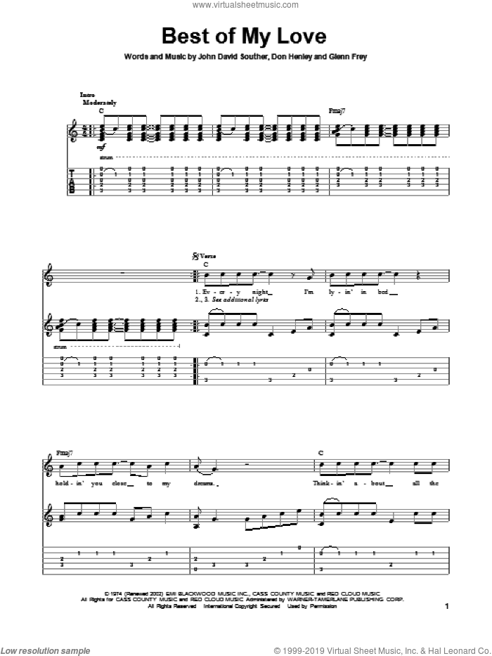 Best Of My Love sheet music for guitar solo by Don Henley, The Eagles, Glenn Frey and John David Souther, intermediate skill level