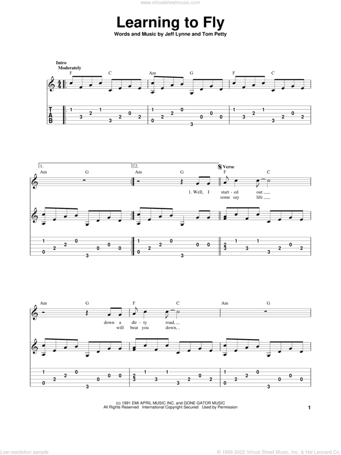 Learning To Fly, (intermediate) sheet music for guitar solo by Tom Petty And The Heartbreakers, Jeff Lynne and Tom Petty, intermediate skill level