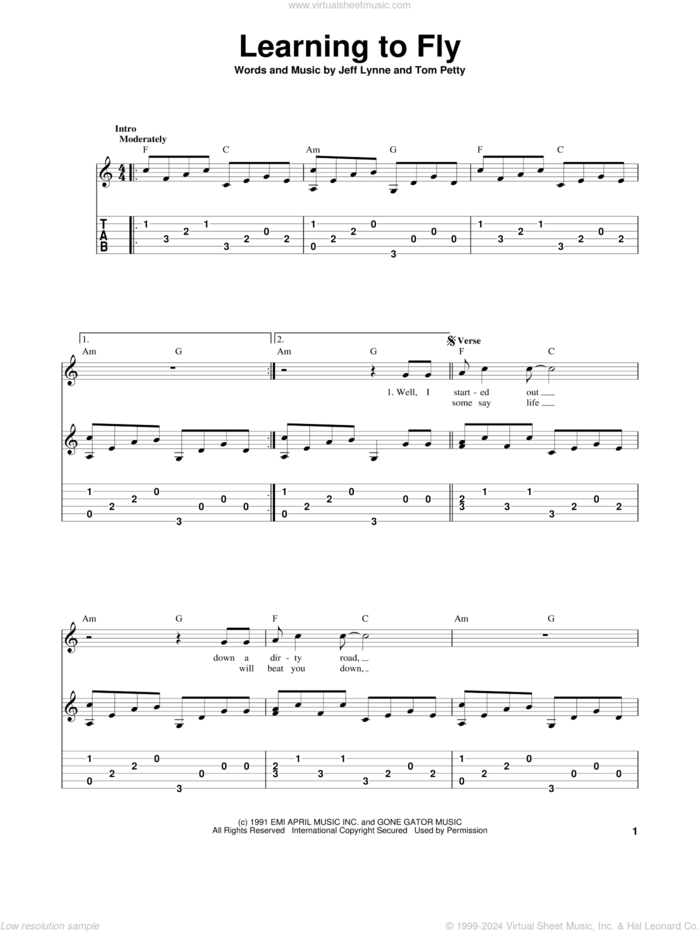 Learning To Fly, (intermediate) sheet music for guitar solo by Tom Petty And The Heartbreakers, Jeff Lynne and Tom Petty, intermediate skill level