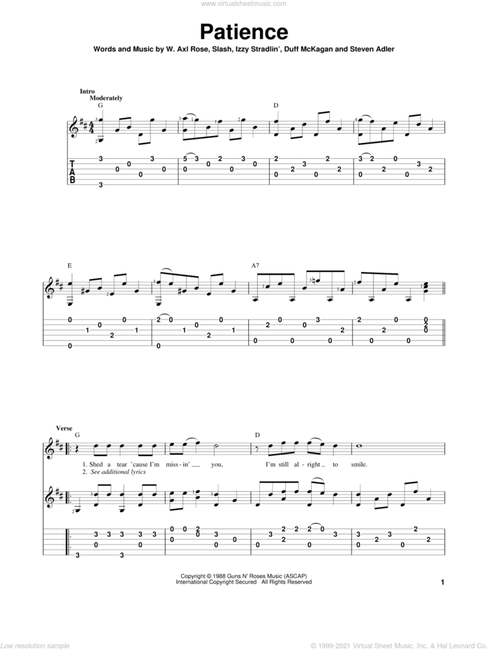 Patience, (intermediate) sheet music for guitar solo by Guns N' Roses, Axl Rose, Duff McKagan, Slash and Steven Adler, intermediate skill level