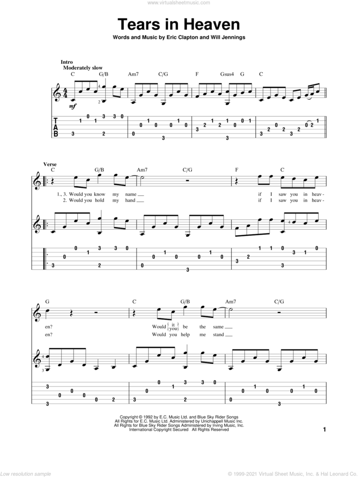 Tears In Heaven sheet music for guitar solo by Eric Clapton and Will Jennings, intermediate skill level