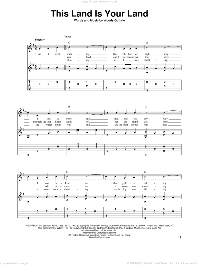 This Land Is Your Land, (intermediate) sheet music for guitar solo by Woody Guthrie, intermediate skill level