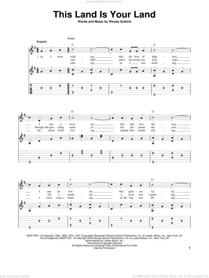 This Land Is Your Land, (intermediate) sheet music for guitar solo by Woody Guthrie, intermediate skill level