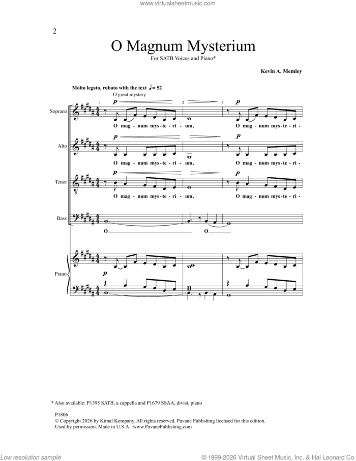 O Magnum Mysterium sheet music for choir (SATB: soprano, alto, tenor, bass) by Kevin A. Memley, intermediate skill level