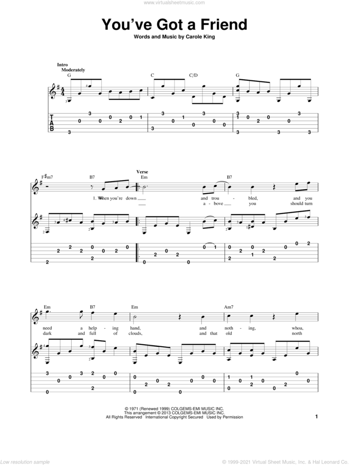 You've Got A Friend sheet music for guitar solo by James Taylor and Carole King, intermediate skill level
