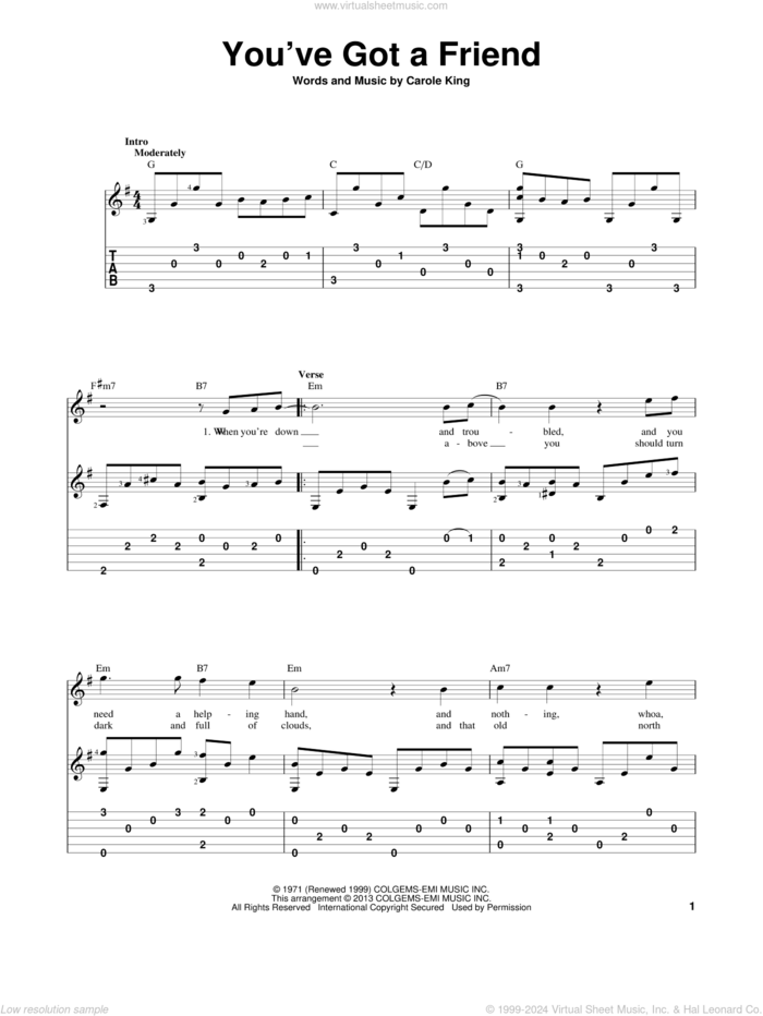 You've Got A Friend sheet music for guitar solo by James Taylor and Carole King, intermediate skill level