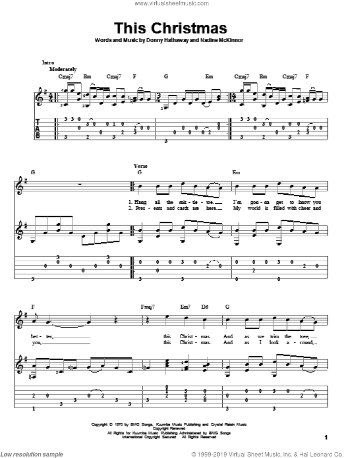 This Christmas sheet music for guitar solo by Donny Hathaway and Nadine McKinnor, intermediate skill level