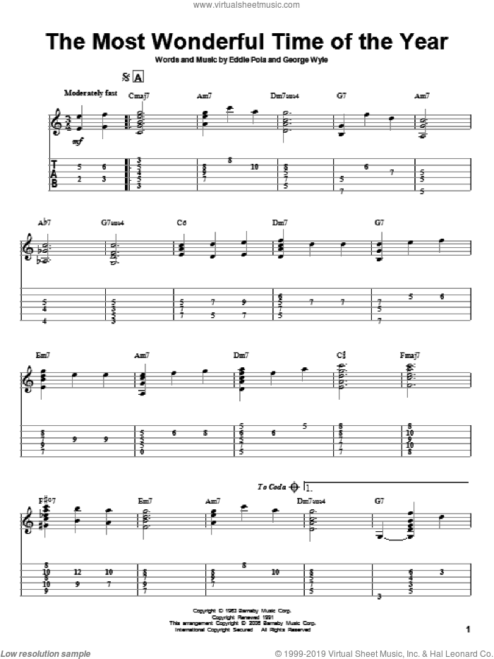 The Most Wonderful Time Of The Year sheet music for guitar solo by Andy Williams, Jeff Arnold, Eddie Pola and George Wyle, intermediate skill level