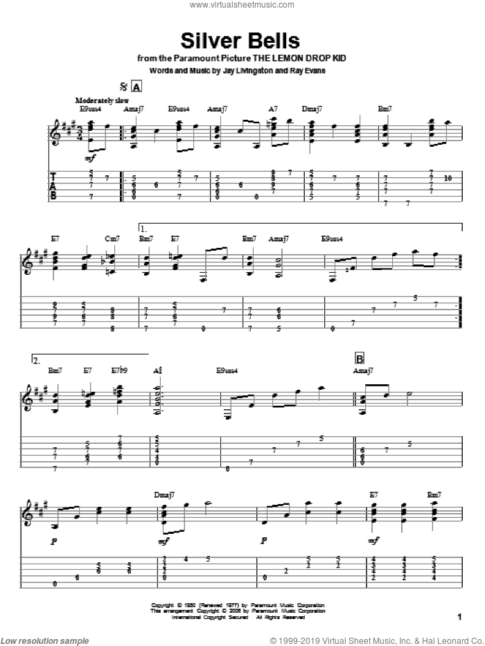 Silver Bells sheet music for guitar solo by Jay Livingston, Jeff Arnold and Ray Evans, intermediate skill level