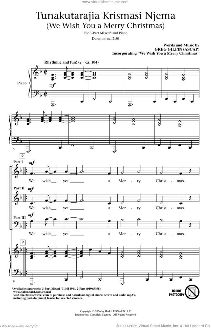 Tunakutarajia Krismasi Njema (We Wish You A Merry Christmas) sheet music for choir (3-Part Mixed) by Greg Gilpin and Miscellaneous, intermediate skill level