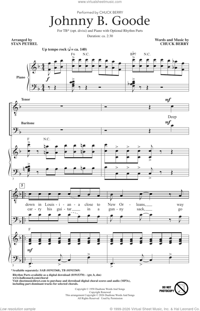 Johnny B. Goode (arr. Stan Pethel) sheet music for choir (TB: tenor, bass) by Chuck Berry and Stan Pethel, intermediate skill level