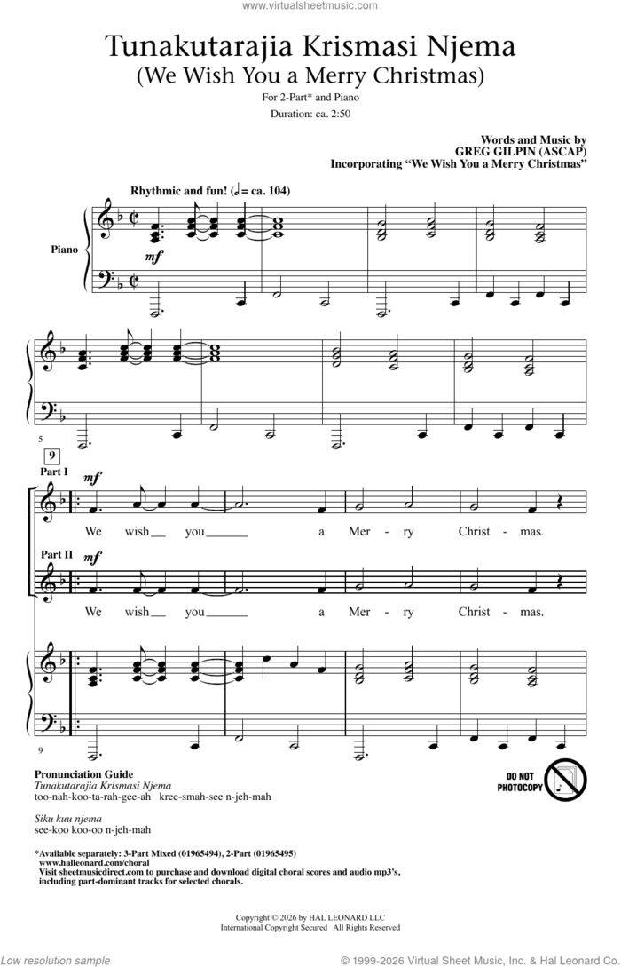Tunakutarajia Krismasi Njema (We Wish You A Merry Christmas) sheet music for choir (2-Part) by Greg Gilpin and Miscellaneous, intermediate duet