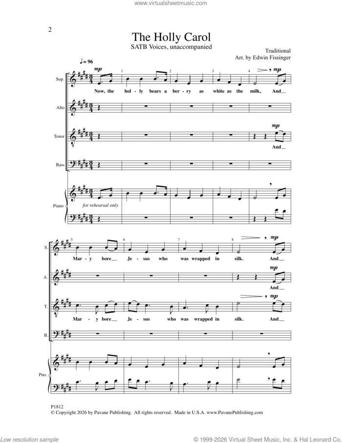 The Holly Carol sheet music for choir (SATB: soprano, alto, tenor, bass) by Edwin Fissinger, intermediate skill level