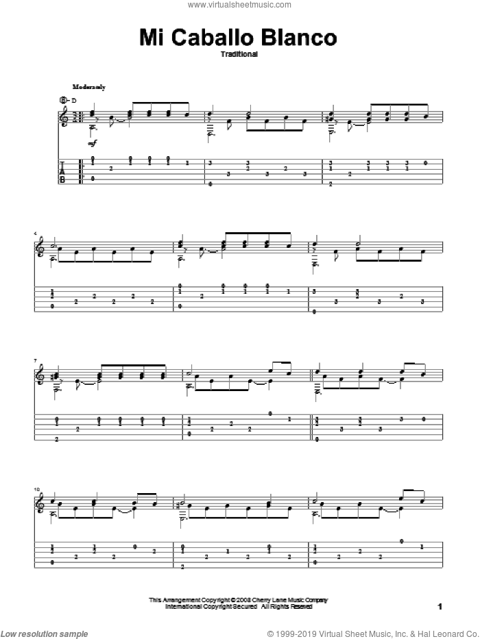 Mi Caballo Blanco (My White Horse) sheet music for guitar solo, intermediate skill level