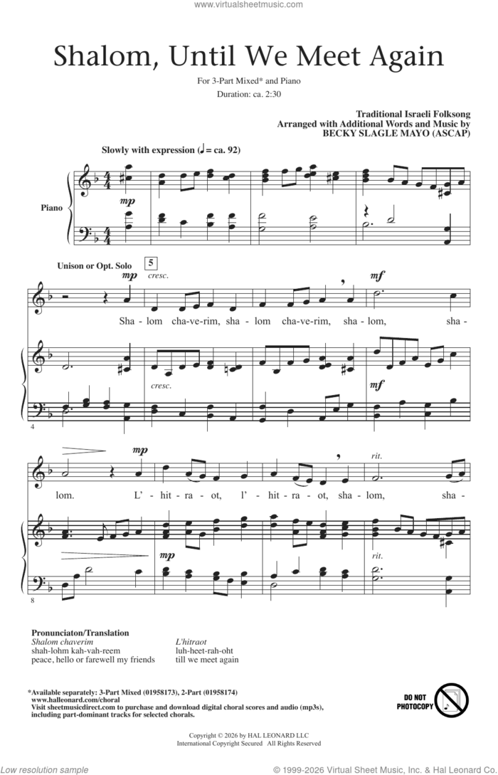 Shalom, Until We Meet Again (arr. Becki Slagle Mayo) sheet music for choir (3-Part Mixed) by Traditional Israeli Folksong and Becki Slagle Mayo, intermediate skill level