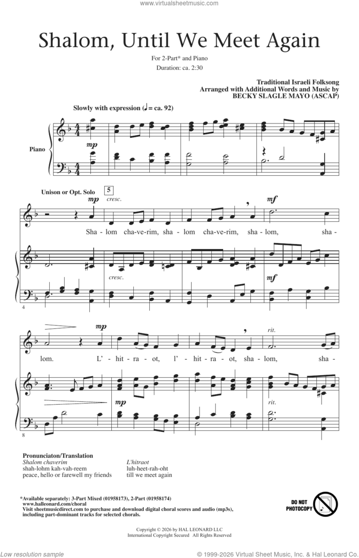 Shalom, Until We Meet Again (arr. Becki Slagle Mayo) sheet music for choir (2-Part) by Traditional Israeli Folksong and Becki Slagle Mayo, intermediate duet
