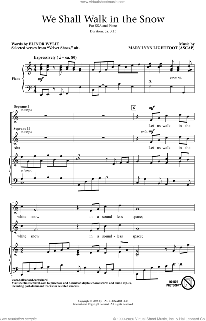 We Shall Walk In The Snow sheet music for choir (SSA: soprano, alto) by Mary Lynn Lightfoot and Elinor Wylie, intermediate skill level