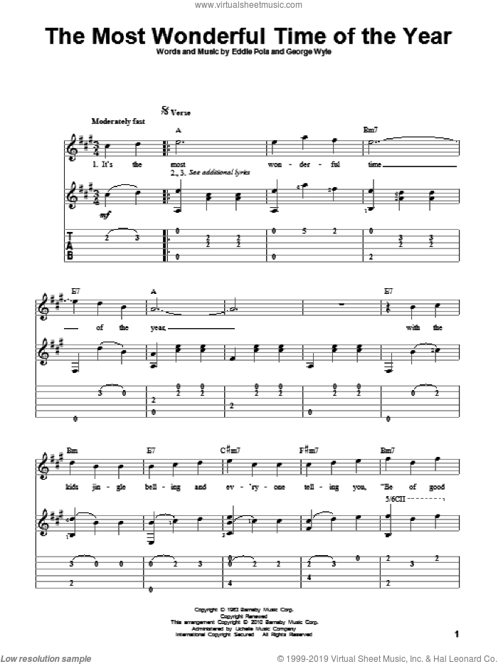 The Most Wonderful Time Of The Year sheet music for guitar solo by Andy Williams, Eddie Pola and George Wyle, intermediate skill level