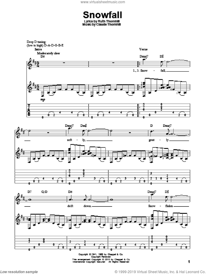 Snowfall sheet music for guitar solo by Tony Bennett, Claude Thornhill and Ruth Thornhill, intermediate skill level