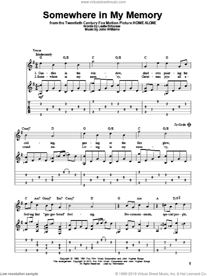 Somewhere In My Memory sheet music for guitar solo by John Williams, Bette Midler and Leslie Bricusse, intermediate skill level