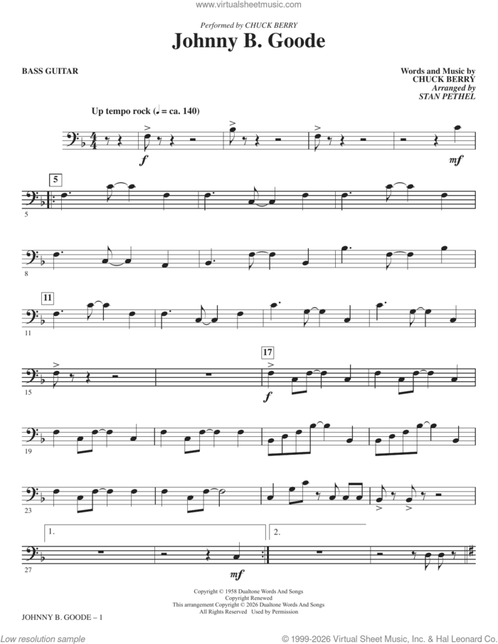 Johnny B. Goode (arr. Stan Pethel) sheet music for orchestra/band (bass) by Chuck Berry and Stan Pethel, intermediate skill level
