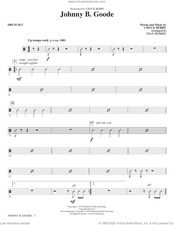 Johnny B. Goode (arr. Stan Pethel) sheet music for orchestra/band (drums) by Chuck Berry and Stan Pethel, intermediate skill level