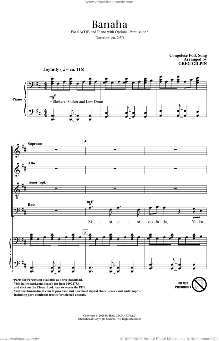 Banaha sheet music for choir (sa(t)b) by Congolese Folk Song and Greg Gilpin, intermediate skill level