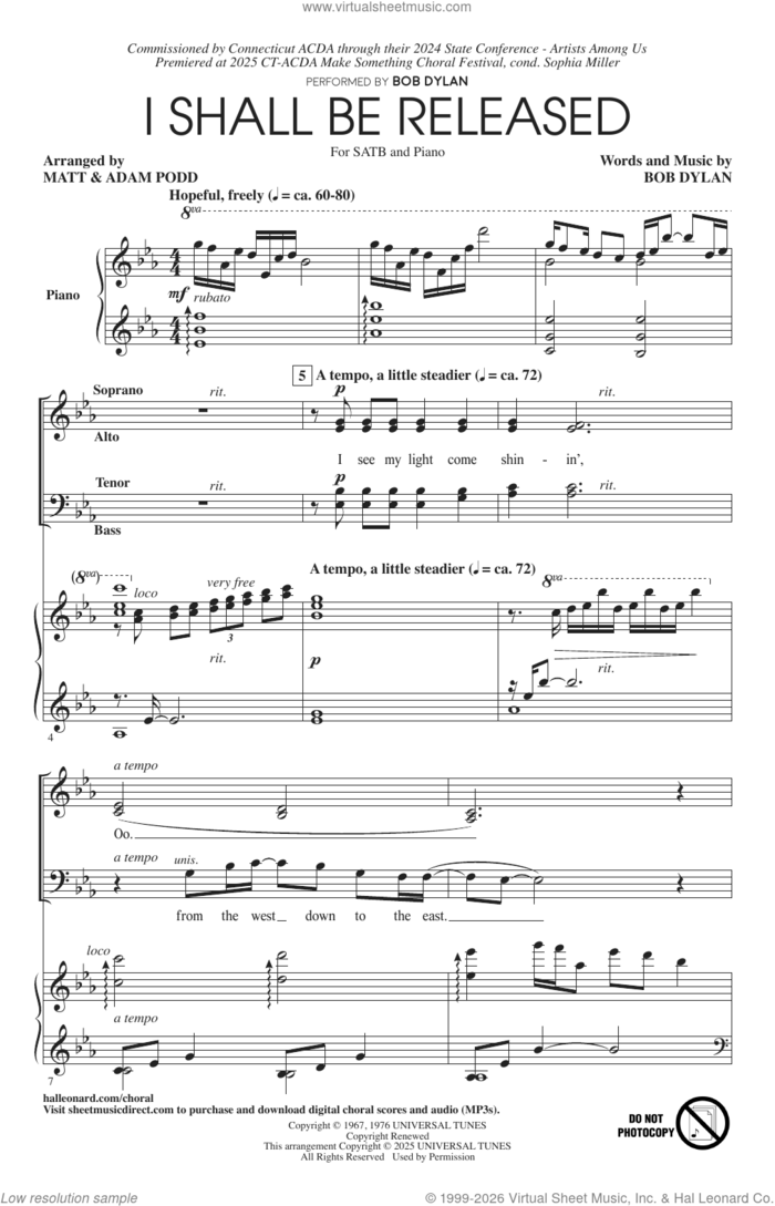 I Shall Be Released sheet music for choir (SATB: soprano, alto, tenor, bass) by Bob Dylan, Adam Podd and Matt Podd, intermediate skill level