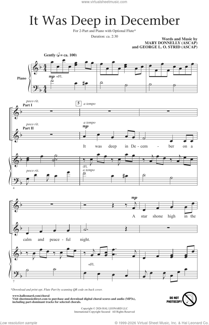 It Was Deep In December sheet music for choir (2-Part) by Mary Donelly, George L.O. Strid and Mary Donnelly and George L.O. Strid, intermediate duet