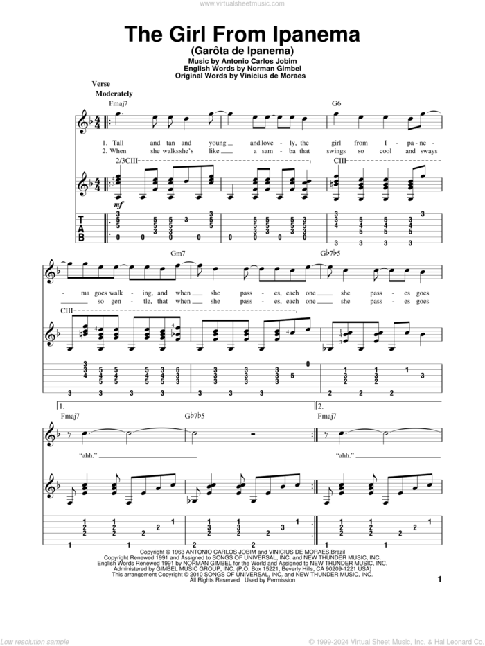 The Girl From Ipanema (Garota De Ipanema), (intermediate) sheet music for guitar solo by Antonio Carlos Jobim, Norman Gimbel and Vinicius de Moraes, intermediate skill level