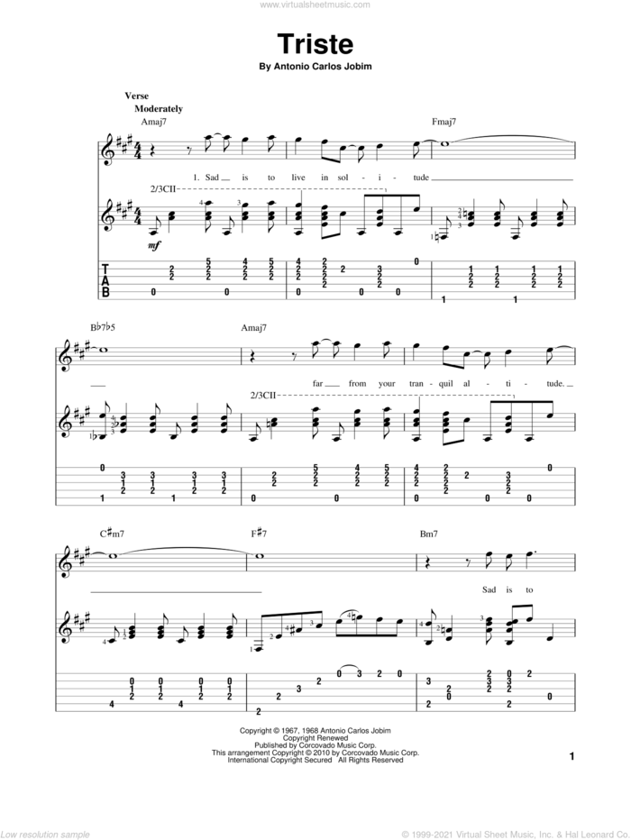 Triste sheet music for guitar solo by Antonio Carlos Jobim, intermediate skill level