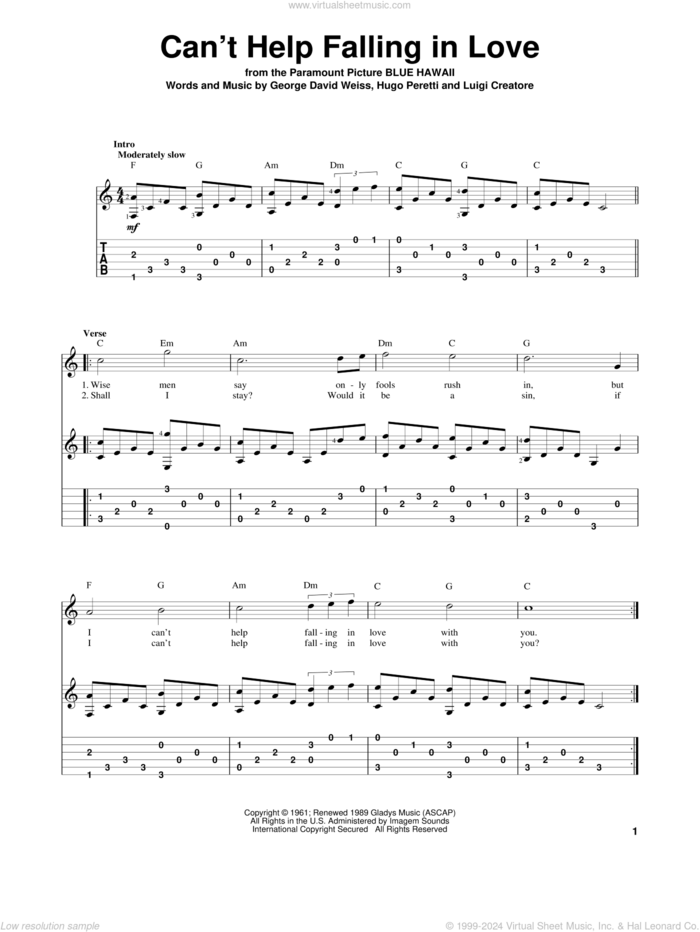 Can't Help Falling In Love sheet music for guitar solo by Elvis Presley, George David Weiss, Hugo Peretti and Luigi Creatore, wedding score, intermediate skill level