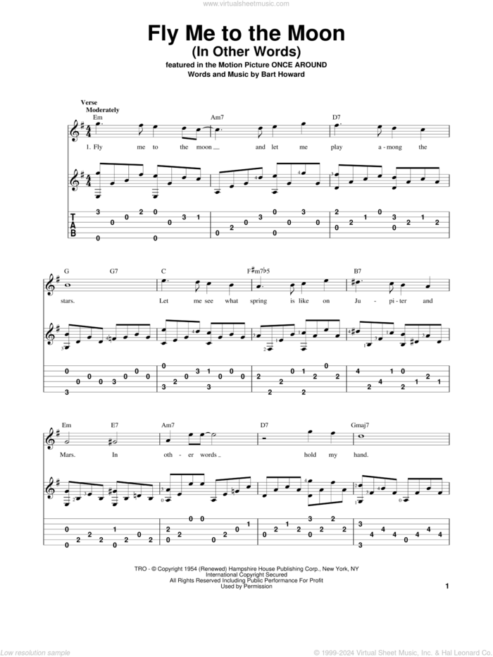 Fly Me To The Moon (In Other Words) sheet music for guitar solo by Frank Sinatra, Tony Bennett and Bart Howard, wedding score, intermediate skill level