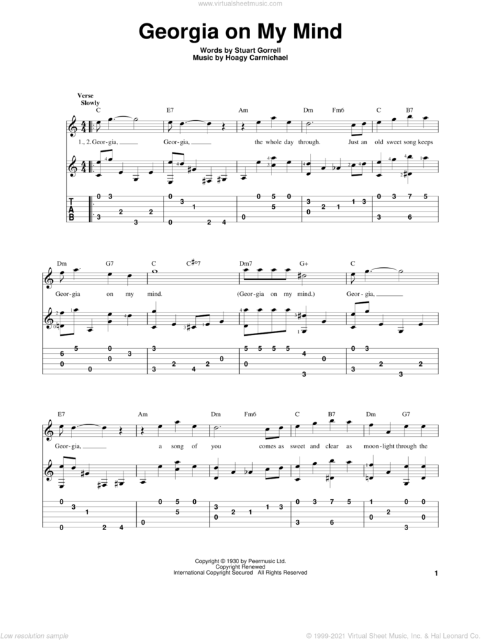 Georgia On My Mind sheet music for guitar solo by Ray Charles, Hoagy Carmichael and Stuart Gorrell, intermediate skill level