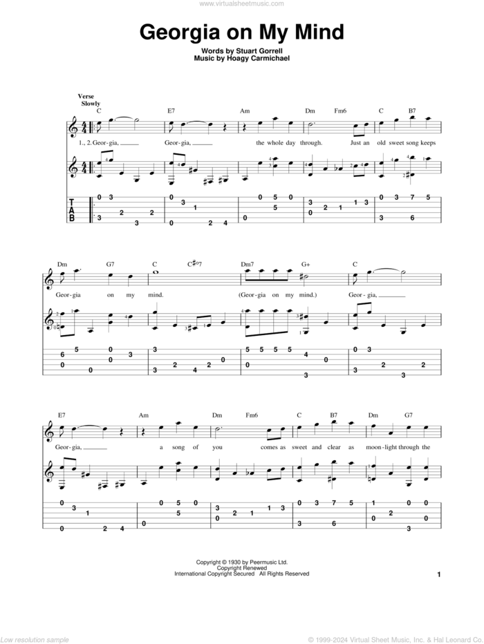 Georgia On My Mind sheet music for guitar solo by Ray Charles, Hoagy Carmichael and Stuart Gorrell, intermediate skill level