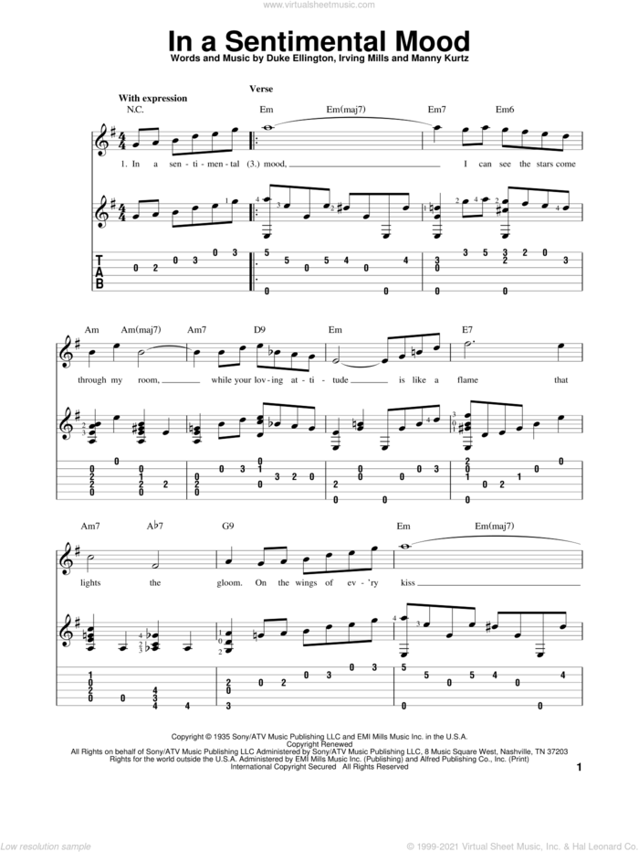 In A Sentimental Mood, (intermediate) sheet music for guitar solo by Duke Ellington, Irving Mills and Manny Kurtz, intermediate skill level