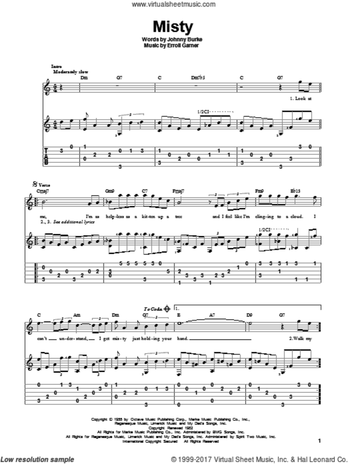 Misty sheet music for guitar solo by Erroll Garner, Johnny Mathis and John Burke, intermediate skill level