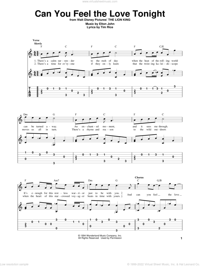 Can You Feel The Love Tonight (from The Lion King), (intermediate) sheet music for guitar solo by Elton John, The Lion King and Tim Rice, wedding score, intermediate skill level