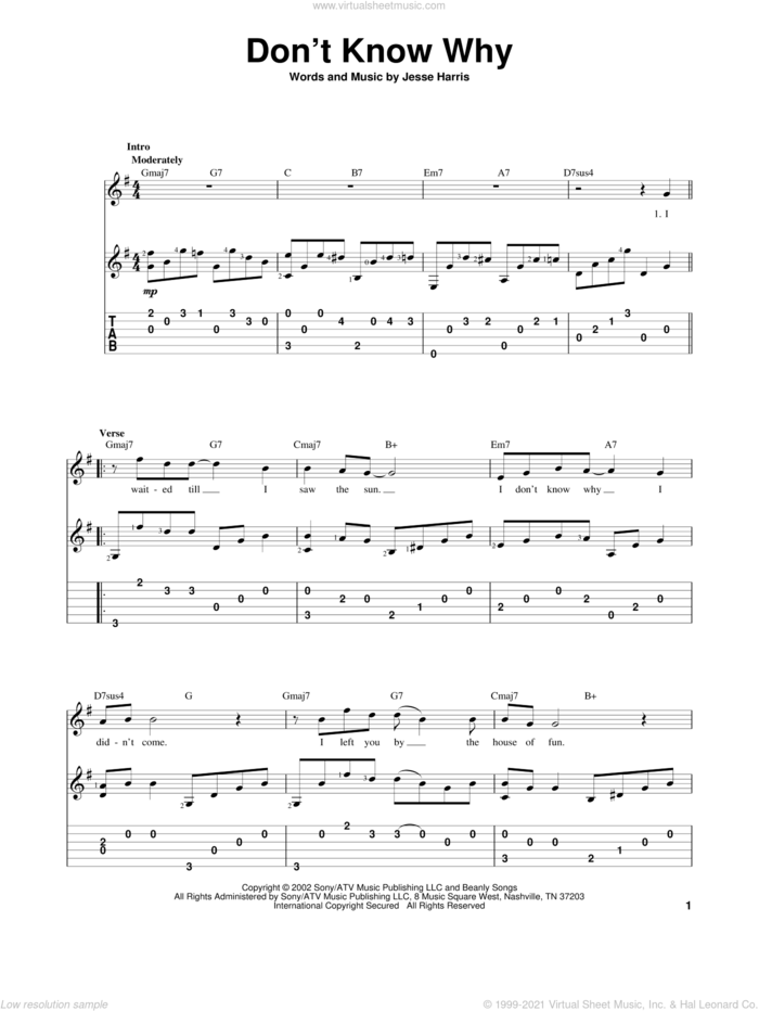 Don't Know Why sheet music for guitar solo by Norah Jones and Jesse Harris, intermediate skill level