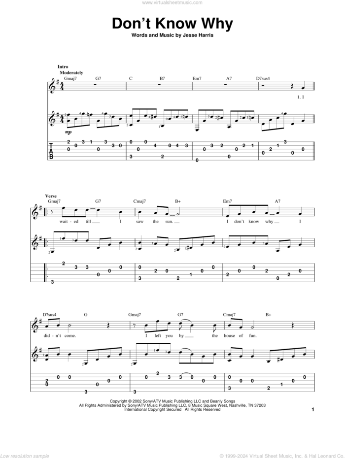 Don't Know Why sheet music for guitar solo by Norah Jones and Jesse Harris, intermediate skill level